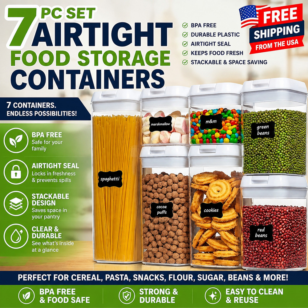 Airtight Food Storage Containers, 7 PC Set, BPA Free, Plastic Cereal Organizer